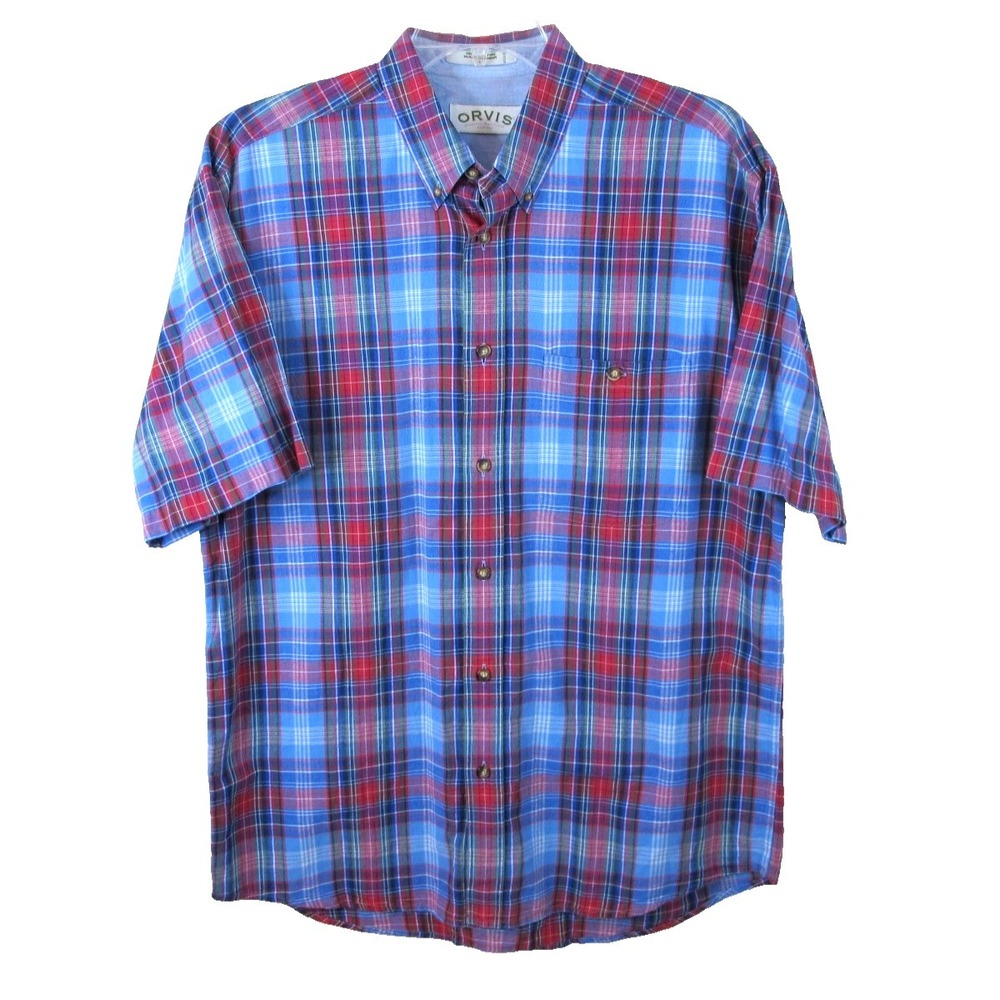 Orvis Short Sleeve Button Down Cotton Shirt Men's Large Red Blue Plaid